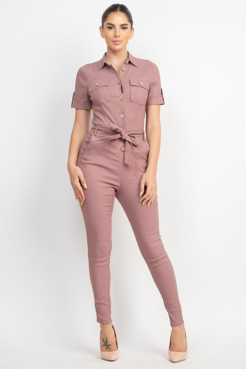 Collared Waist-tie Buttoned Jumpsuit