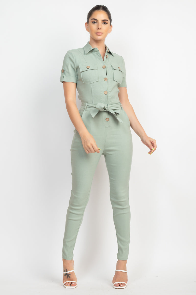 Collared Waist-tie Buttoned Jumpsuit