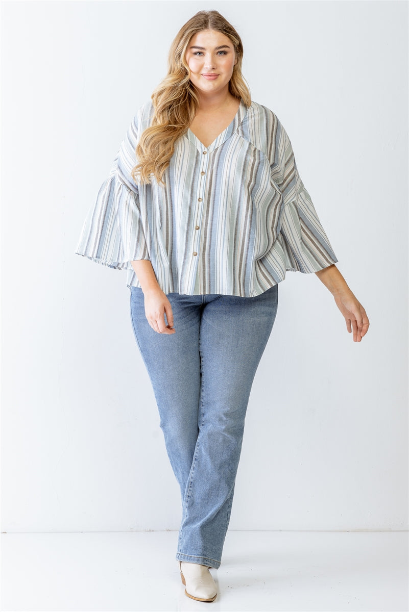 Plus Light Blue Stripe Print Cotton Button-up Flare Hem Top