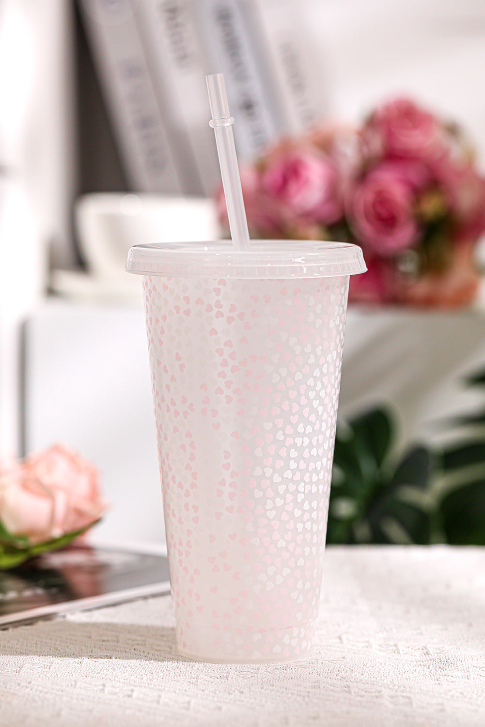 5pcs/pack Valentine Heart Print Plastic Straw Cup