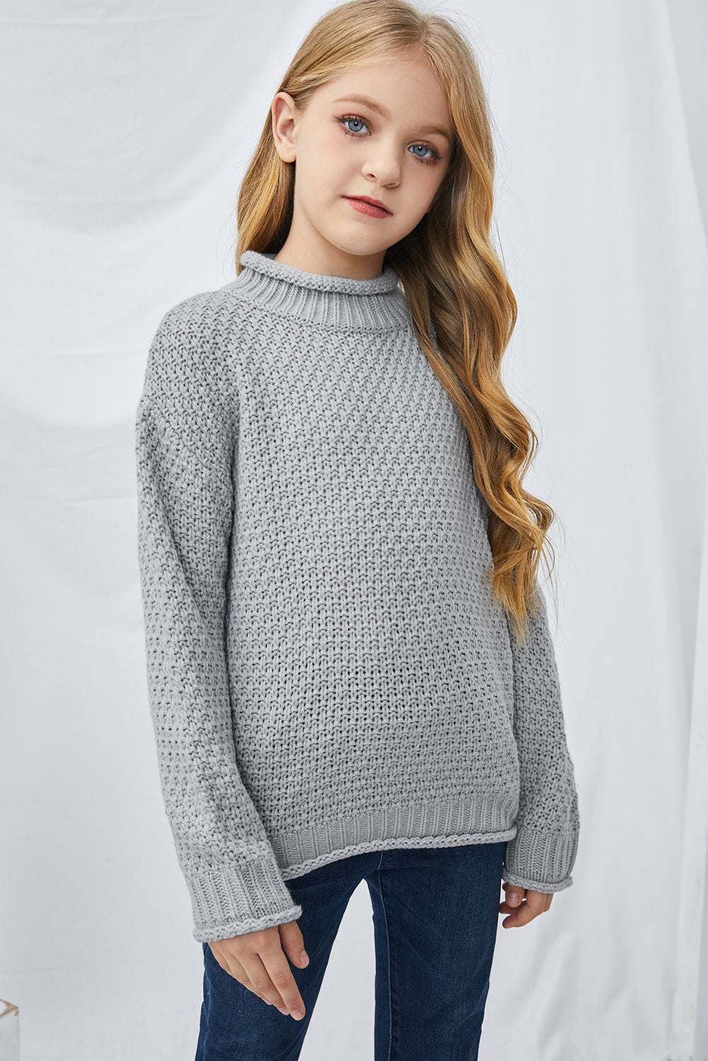 Girls Rolled Hem Dropped Shoulder Sweater