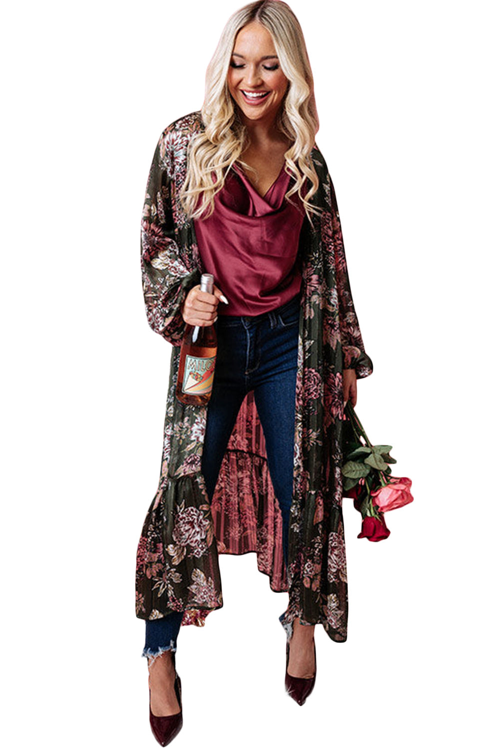 Floral Draped Open Front Duster Cardigan