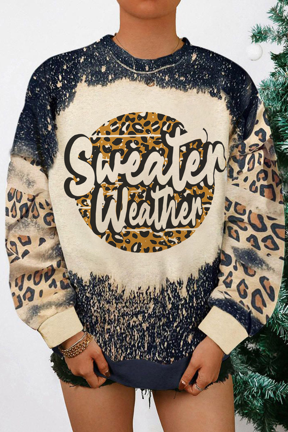 Merry Christmas Multi Tree Print Leopard Sleeve Sweatshirt