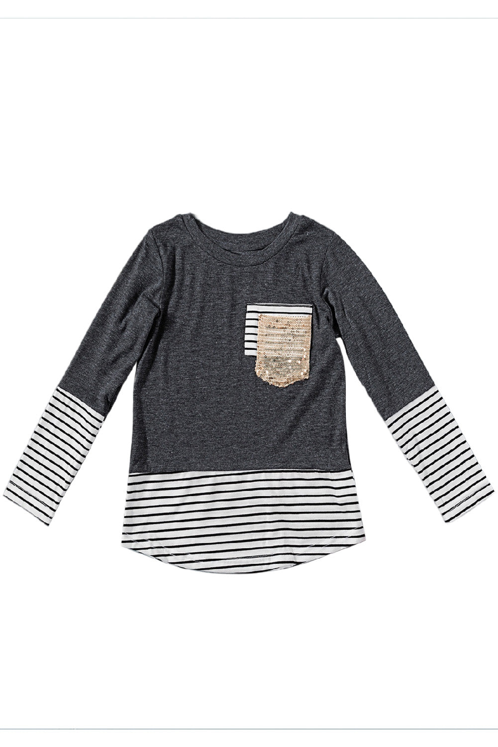 Girls Striped Color Block Sequin Pocket Top