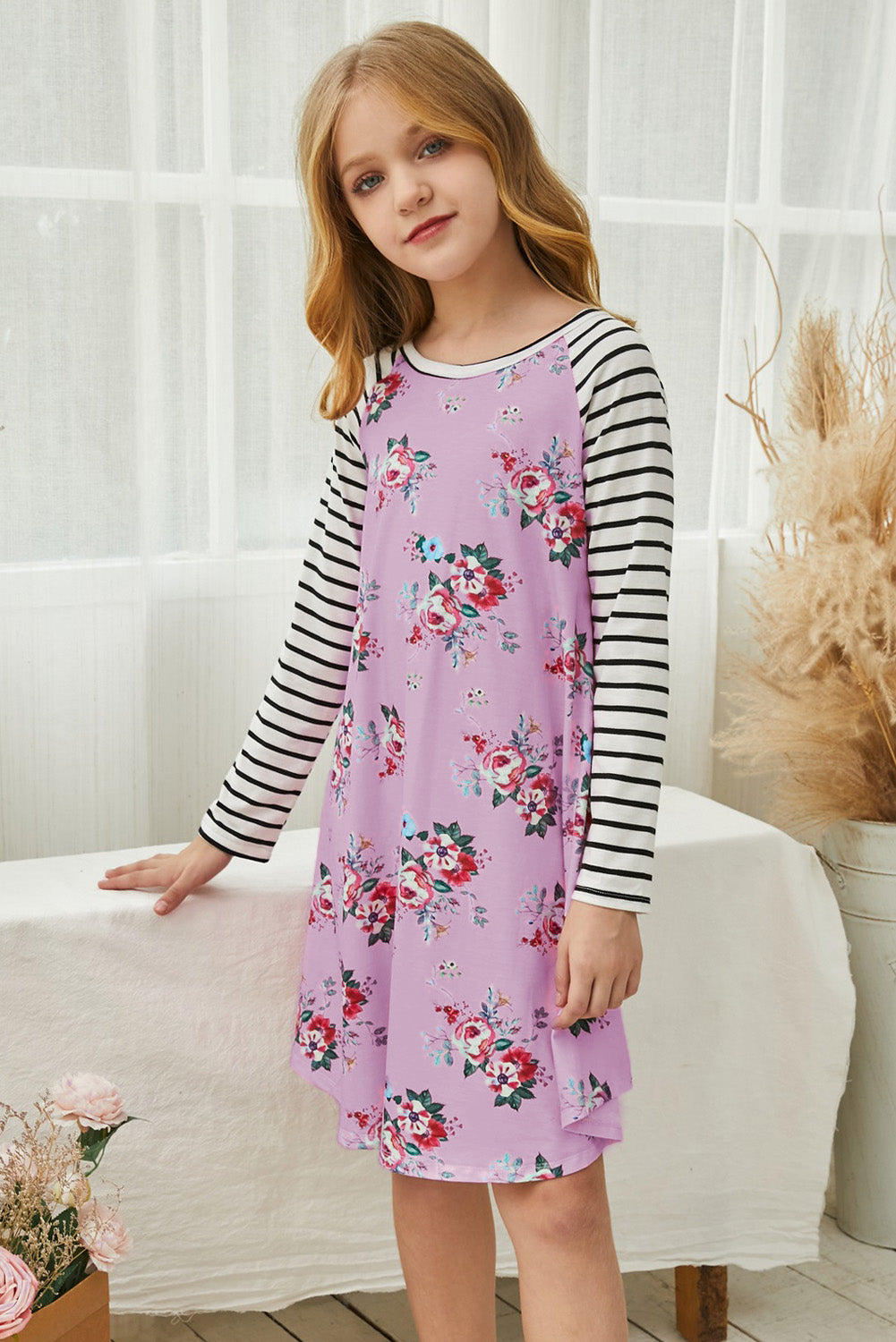 Girls Floral Striped Raglan Sleeve Dress