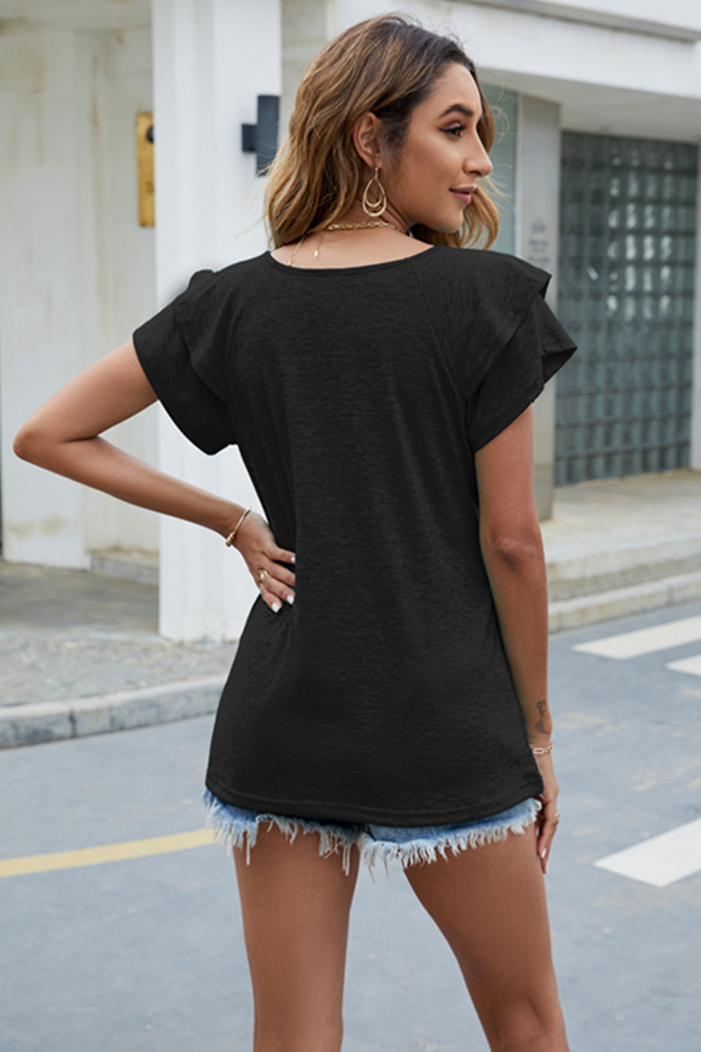 V-Neck Flutter Sleeve T-Shirt