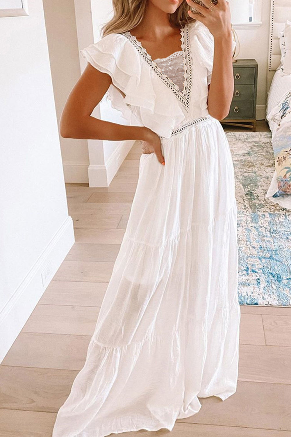 Lace Contrast V Neck Ruffled Maxi Dress