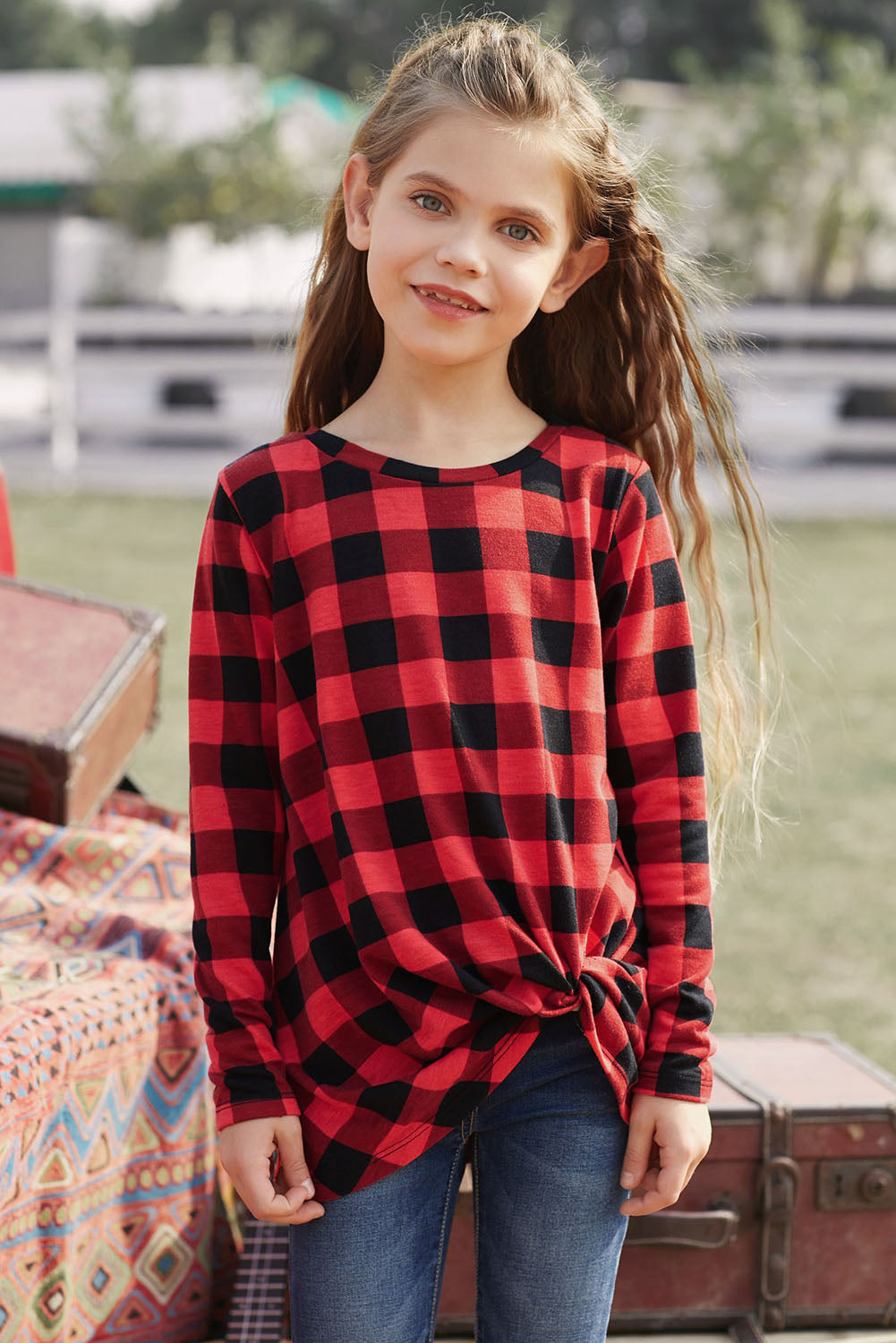 Girls Plaid Twist Front Tunic Top