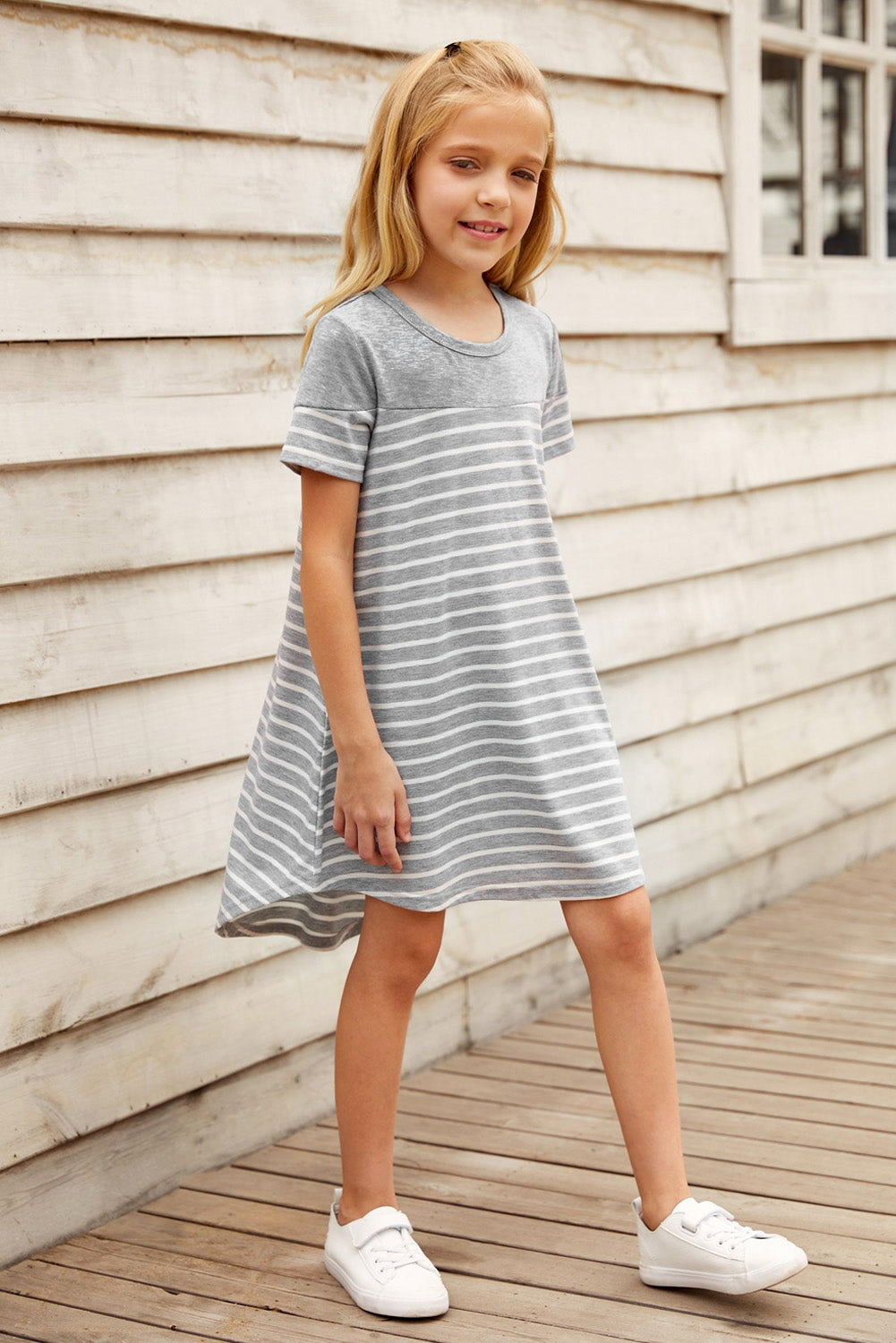 Girls Striped Contrast Round Neck T-Shirt Dress