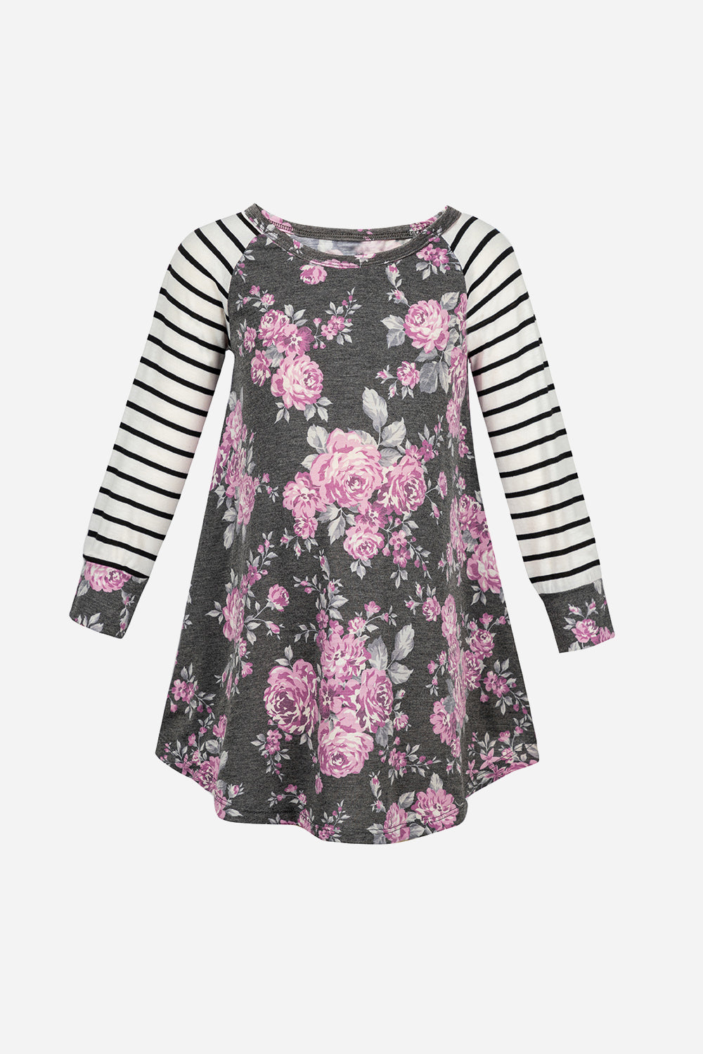 Girls Floral Striped Raglan Sleeve Dress