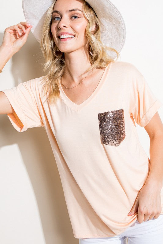 SOLID SEQUIN POCKET BOXY TOP