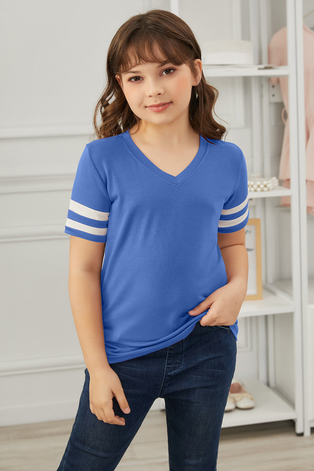 Girls Striped V-Neck Tee Shirt