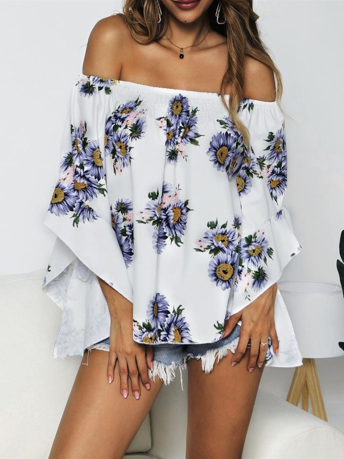 Floral Print Off-Shoulder Flounce Sleeve Blouse