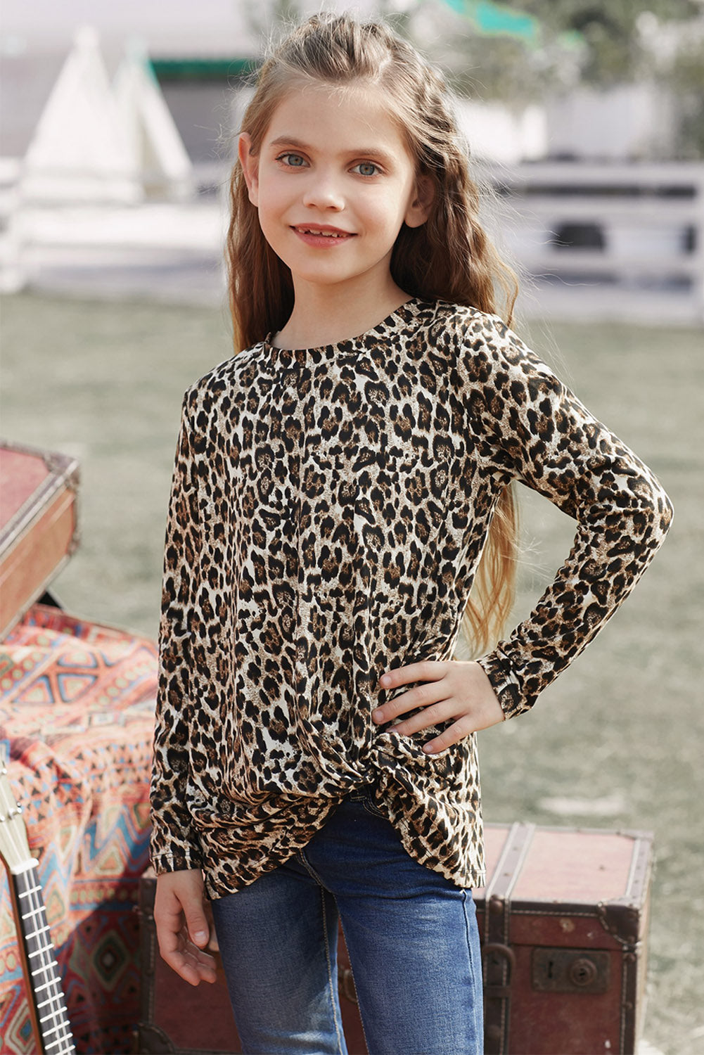 Girls Printed Round Neck Twisted Top