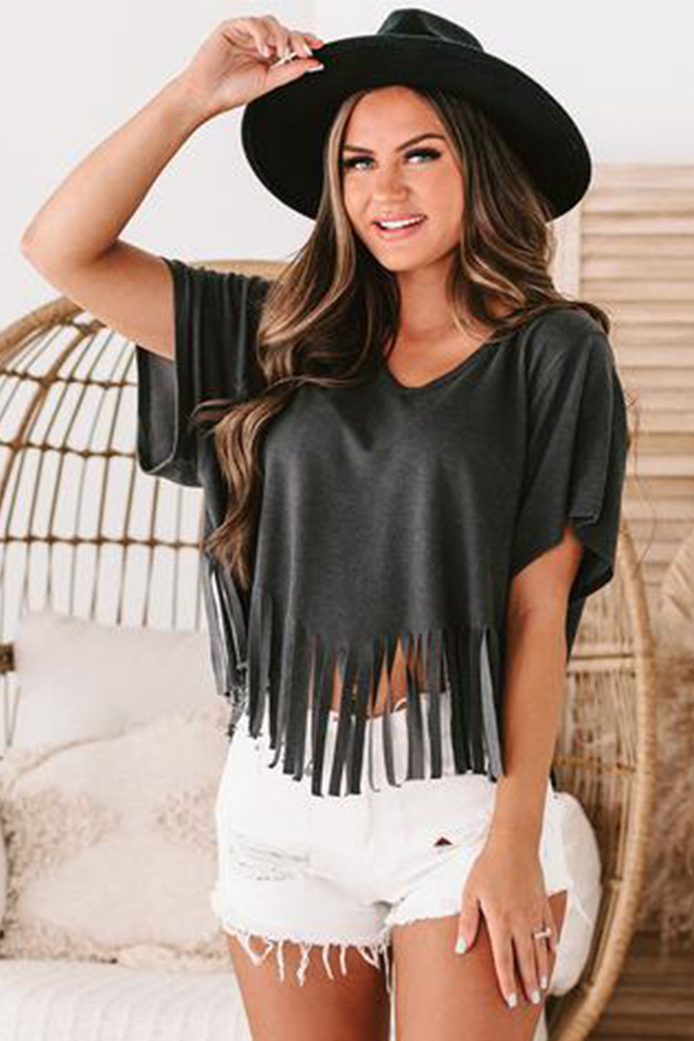 Fringe Hem V Neck T Shirt