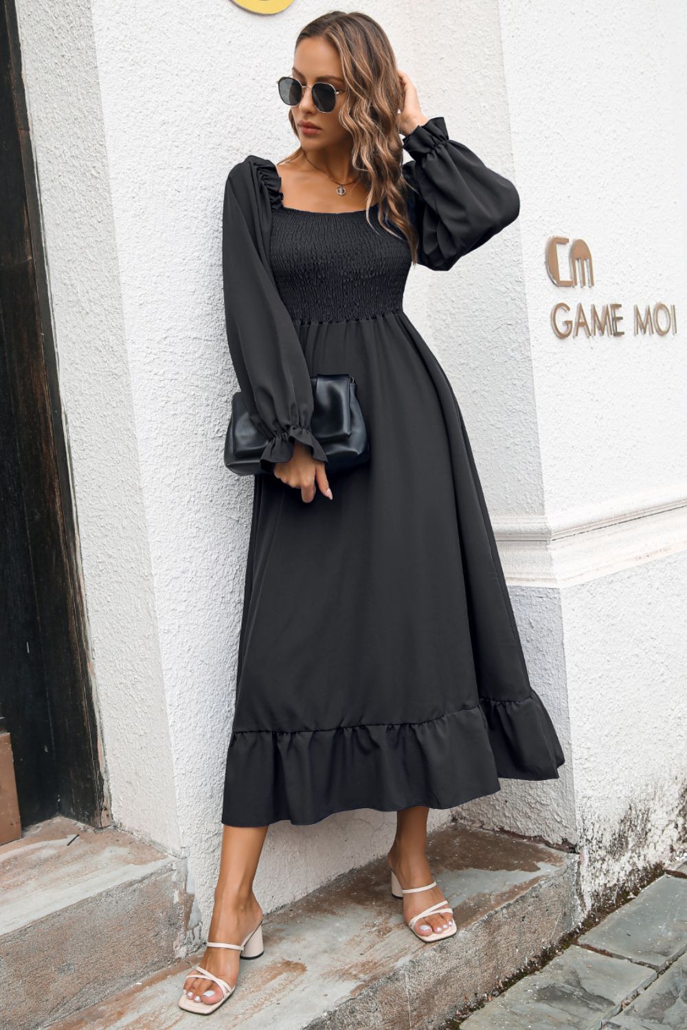 Smocked Ruffle Hem Flounce Sleeve Dress