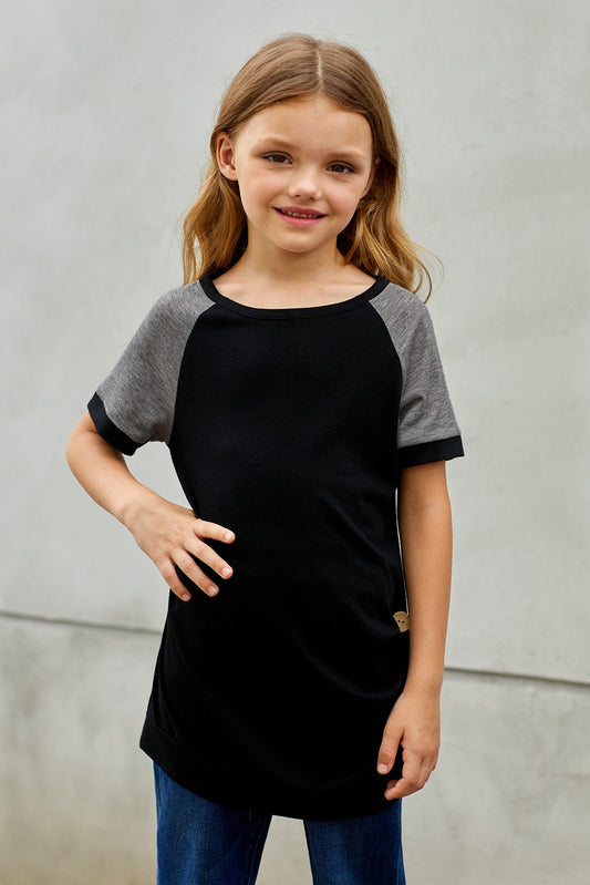 Girls Contrast Buttoned Raglan Sleeve Tee