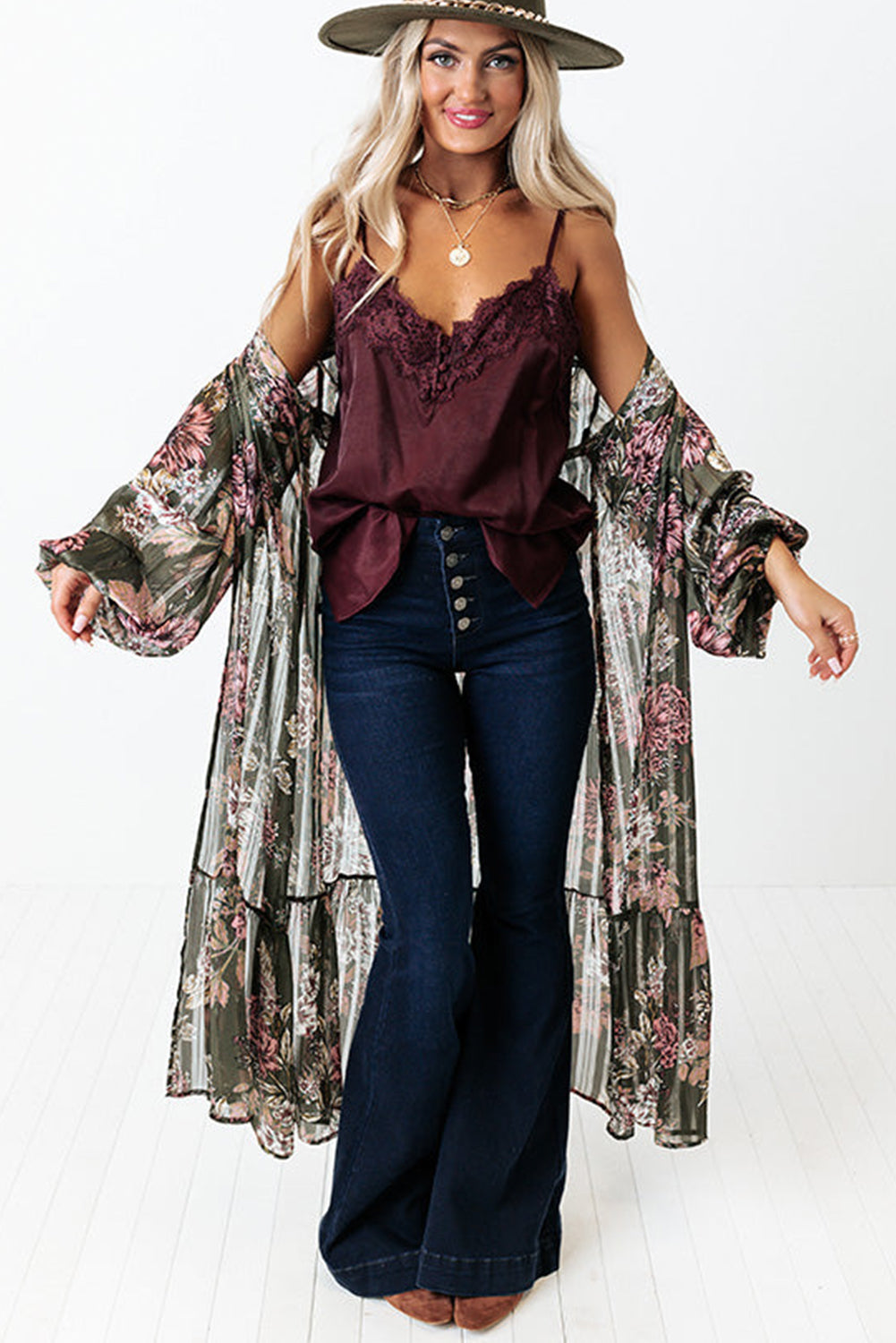 Floral Draped Open Front Duster Cardigan