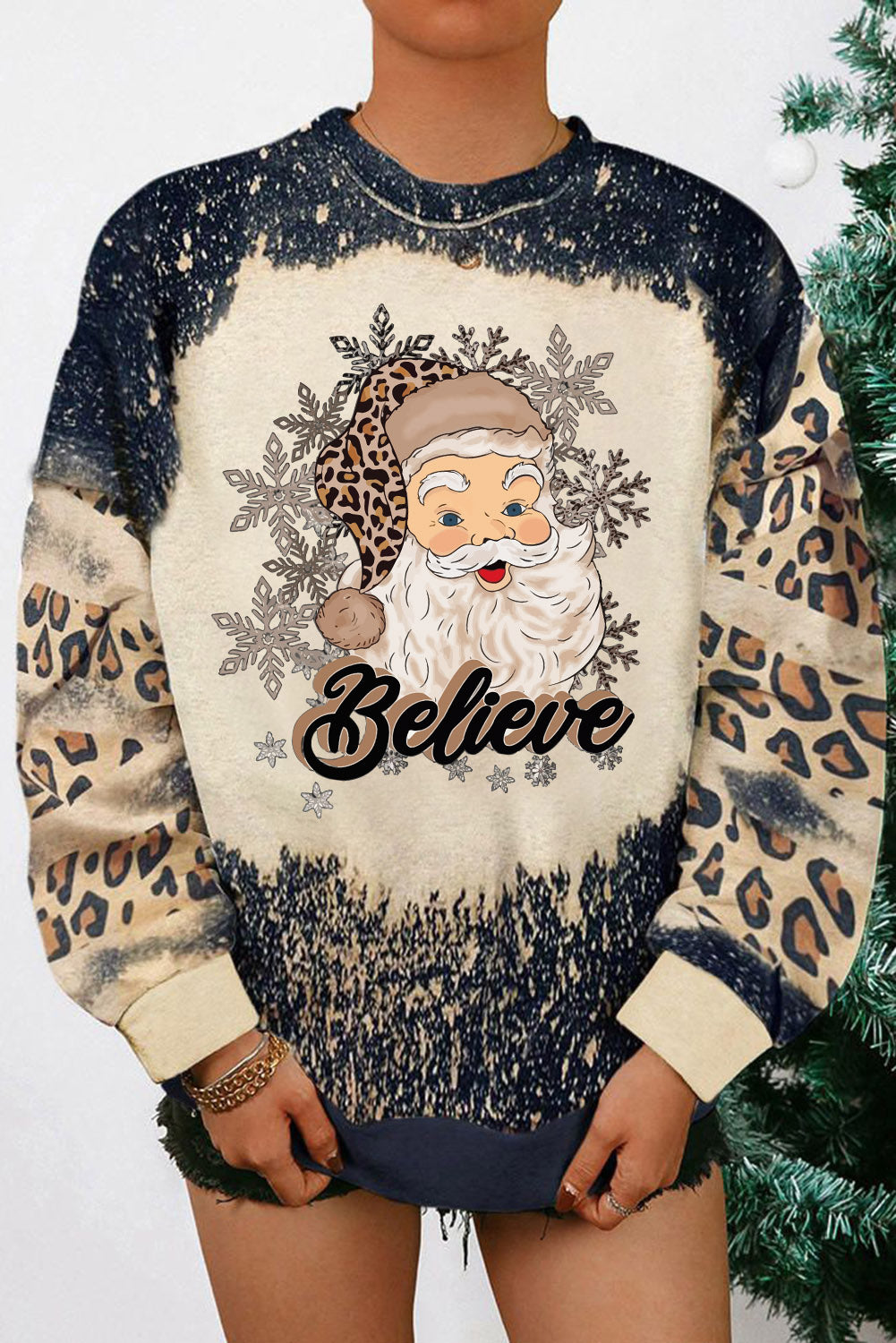 Merry Christmas Multi Tree Print Leopard Sleeve Sweatshirt