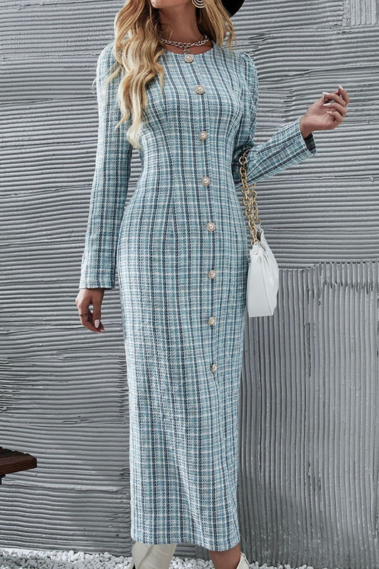 Plaid Puff Sleeve Buttoned Slit Dress