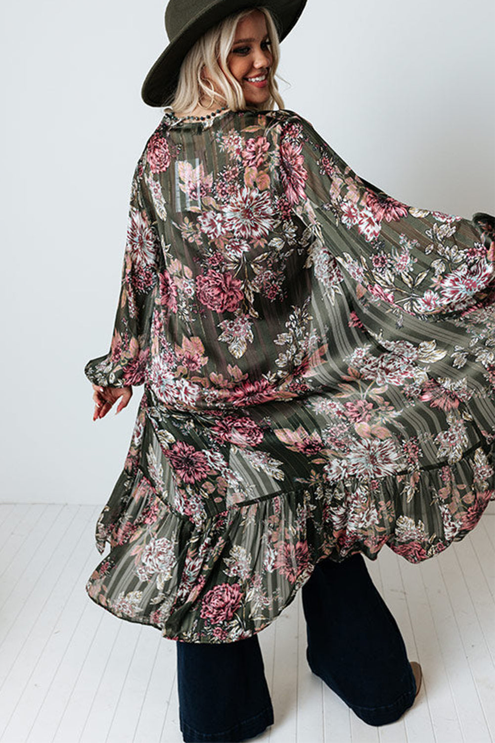 Floral Draped Open Front Duster Cardigan