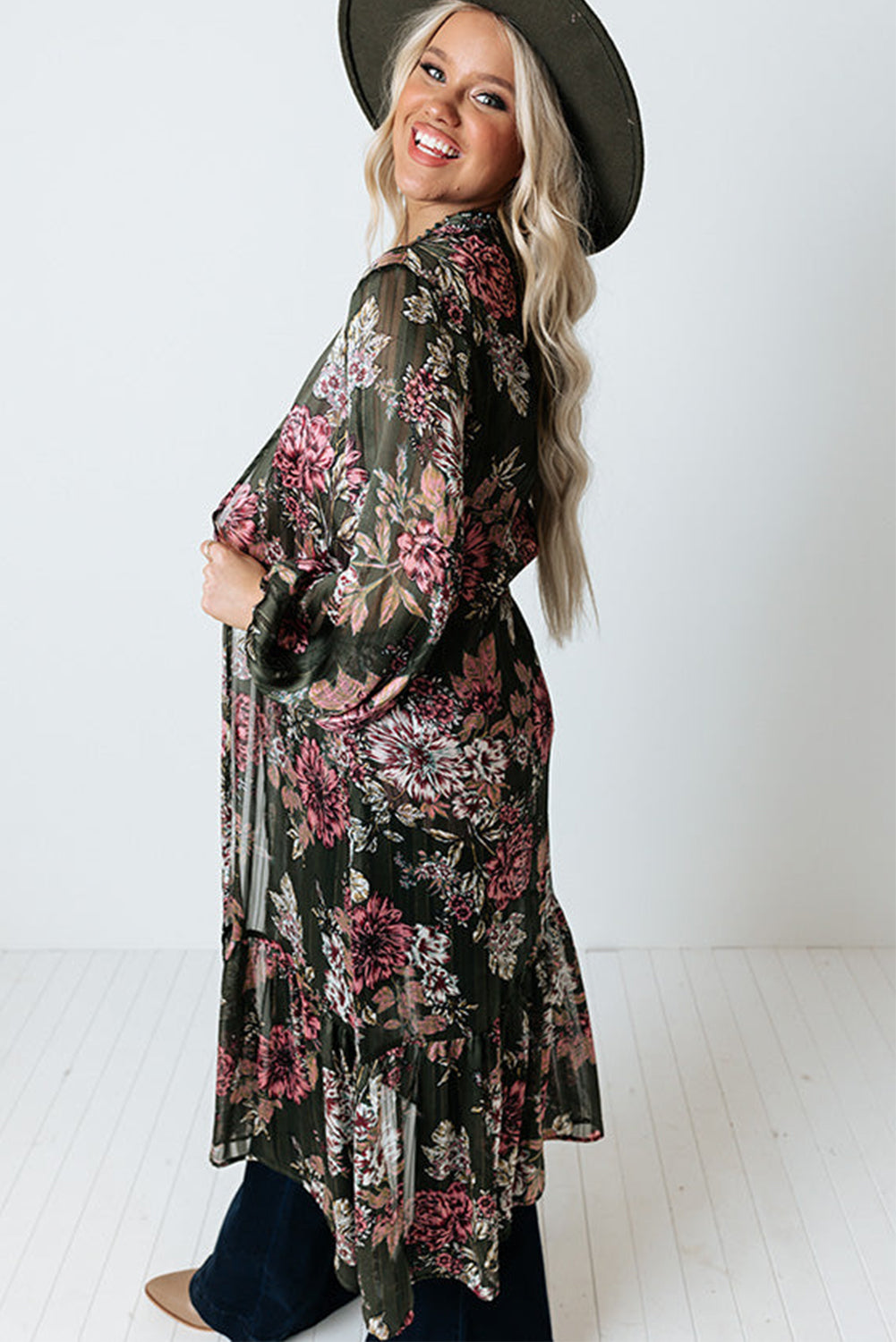 Floral Draped Open Front Duster Cardigan