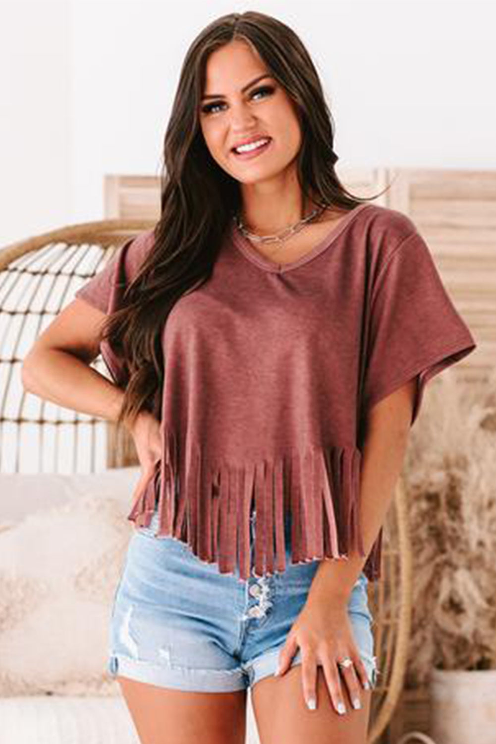 Fringe Hem V Neck T Shirt