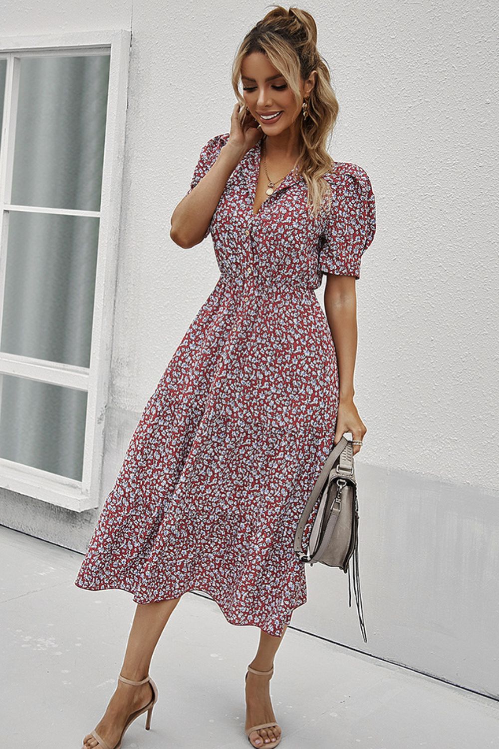 Printed Button Front Short Puff Sleeve Midi Dress