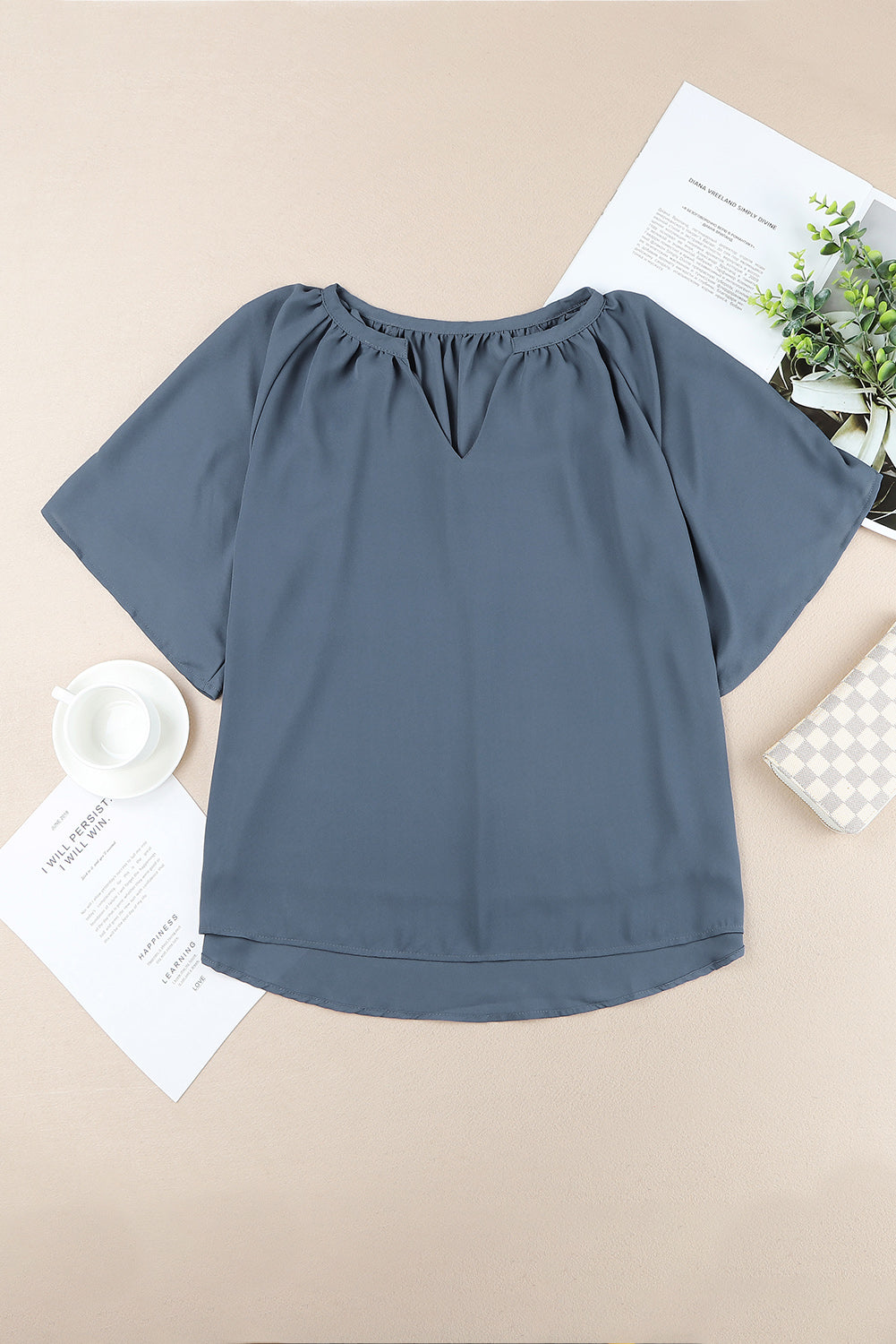 Gathered Detail Notched Neck Flutter Sleeve Top