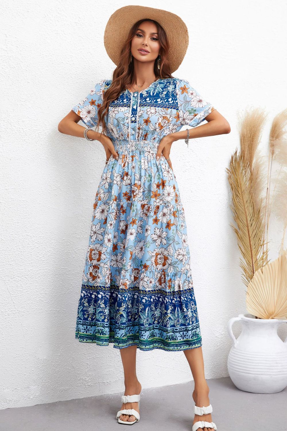 Bohemian Short Sleeve V-Neck Midi Dress