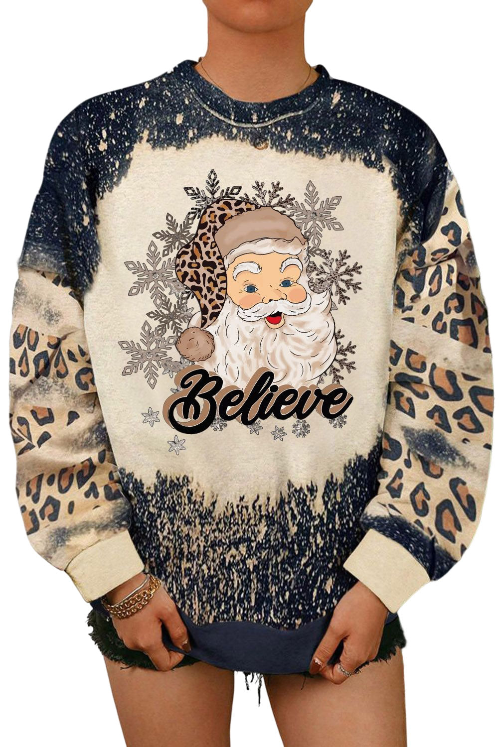 Merry Christmas Multi Tree Print Leopard Sleeve Sweatshirt