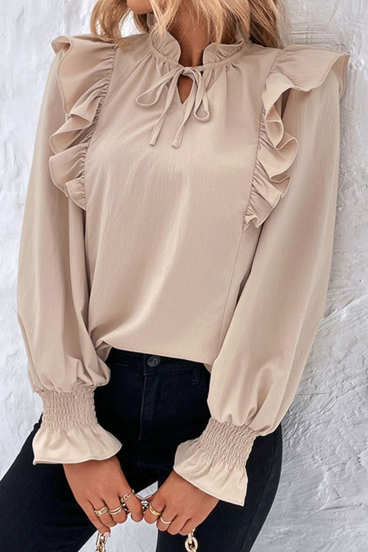 Ruffle Shoulder Tie Neck Flounce Sleeve Blouse