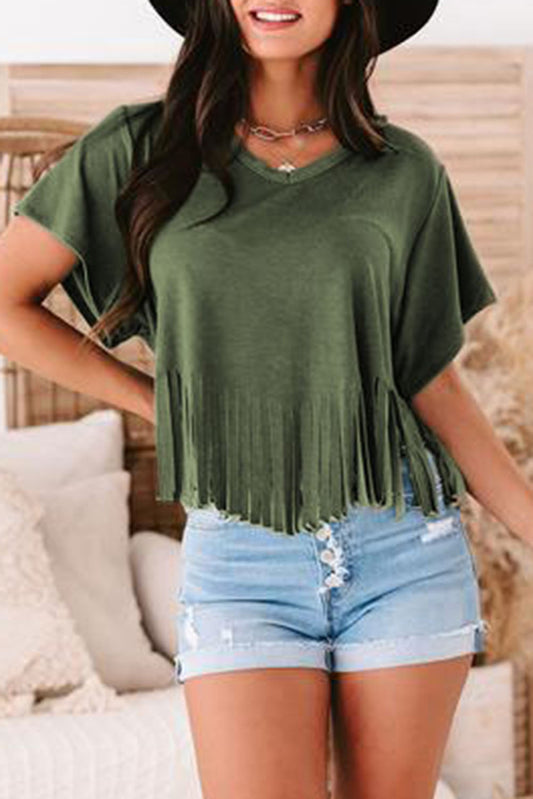 Fringe Hem V Neck T Shirt