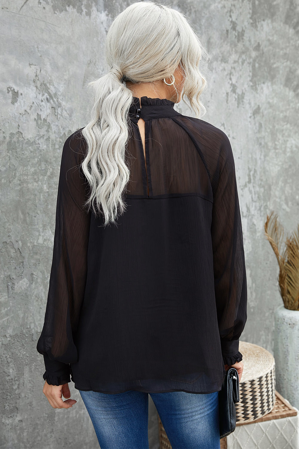 Frill Neck Spliced Mesh Blouse