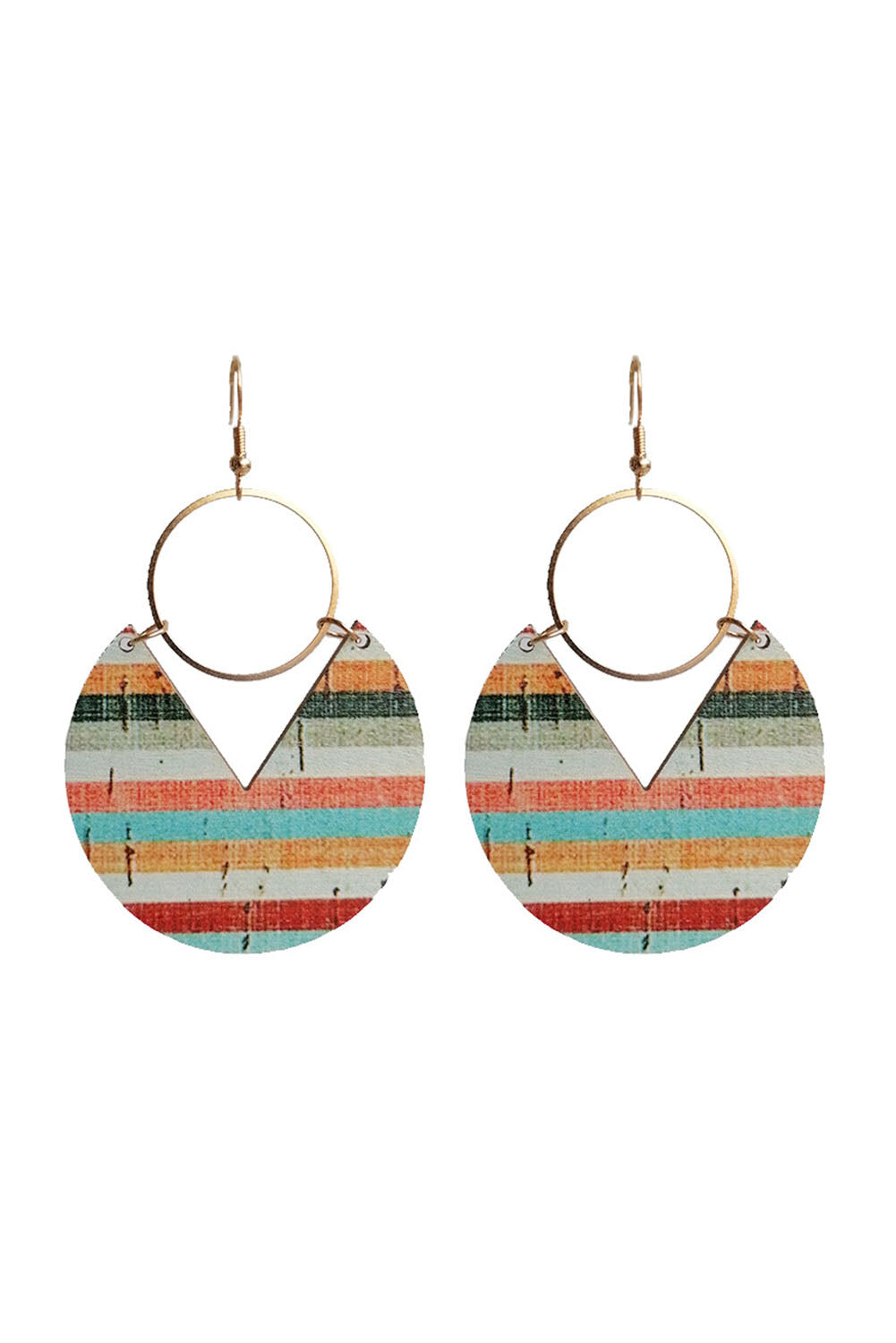 Multicolor Rainbow Stripe Pattern Notch Round Wooden Pendant Earrings