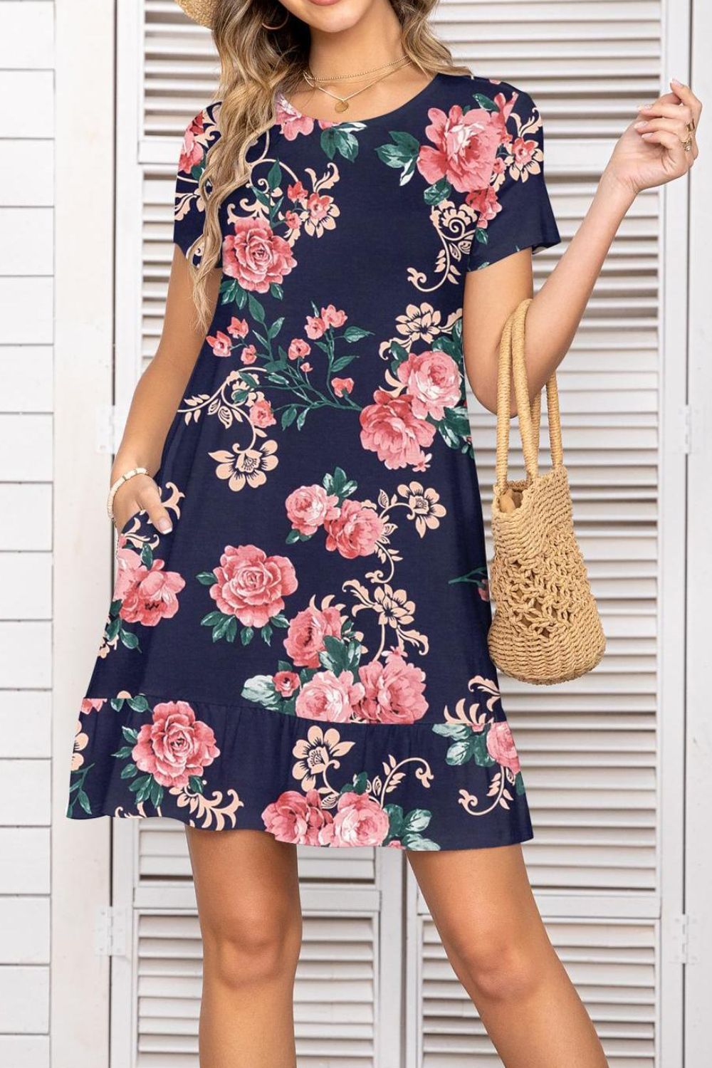 Printed Round Neck Short Sleeve Mini Dress with Pockets