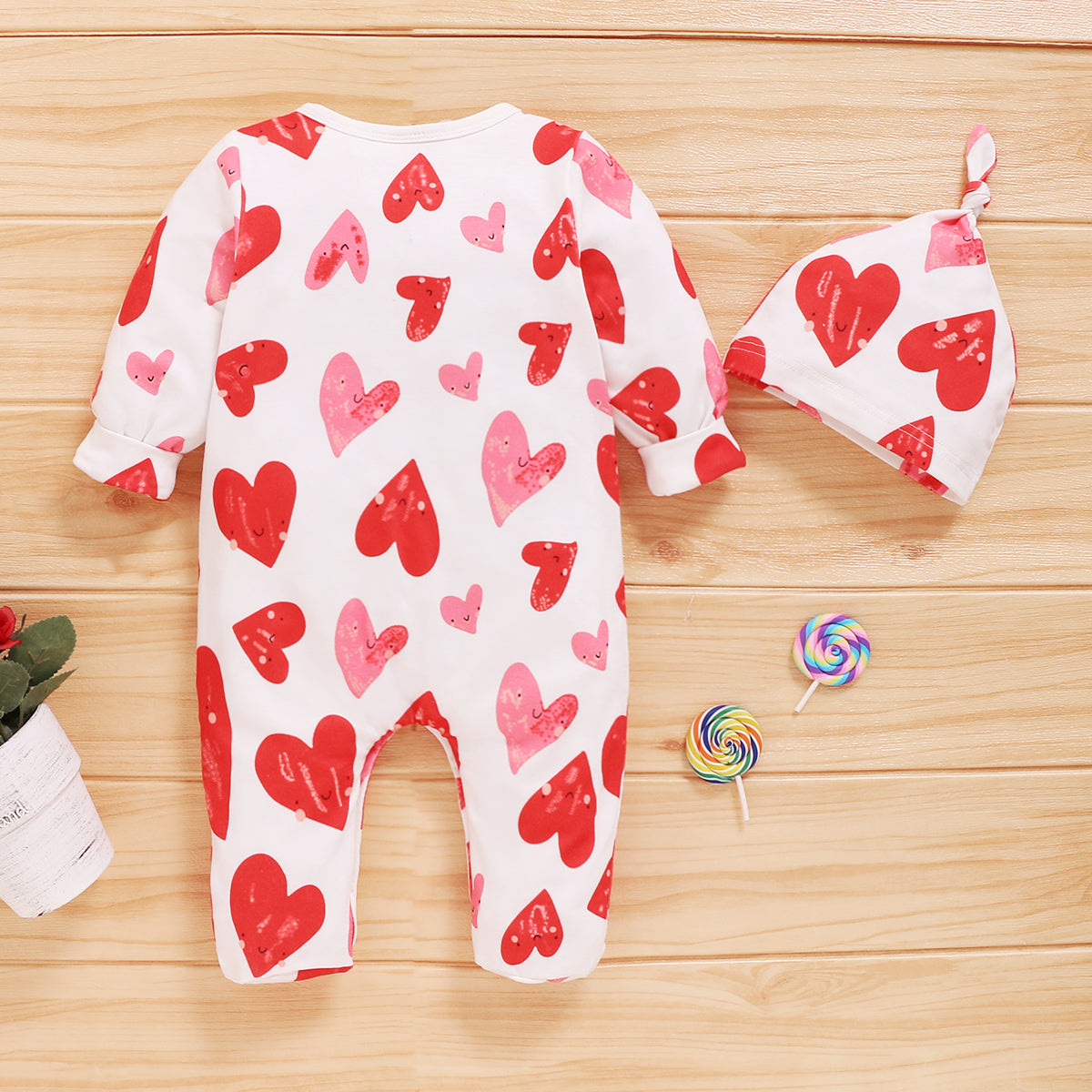 Baby Girl Heart Print Jumpsuit with Beanie