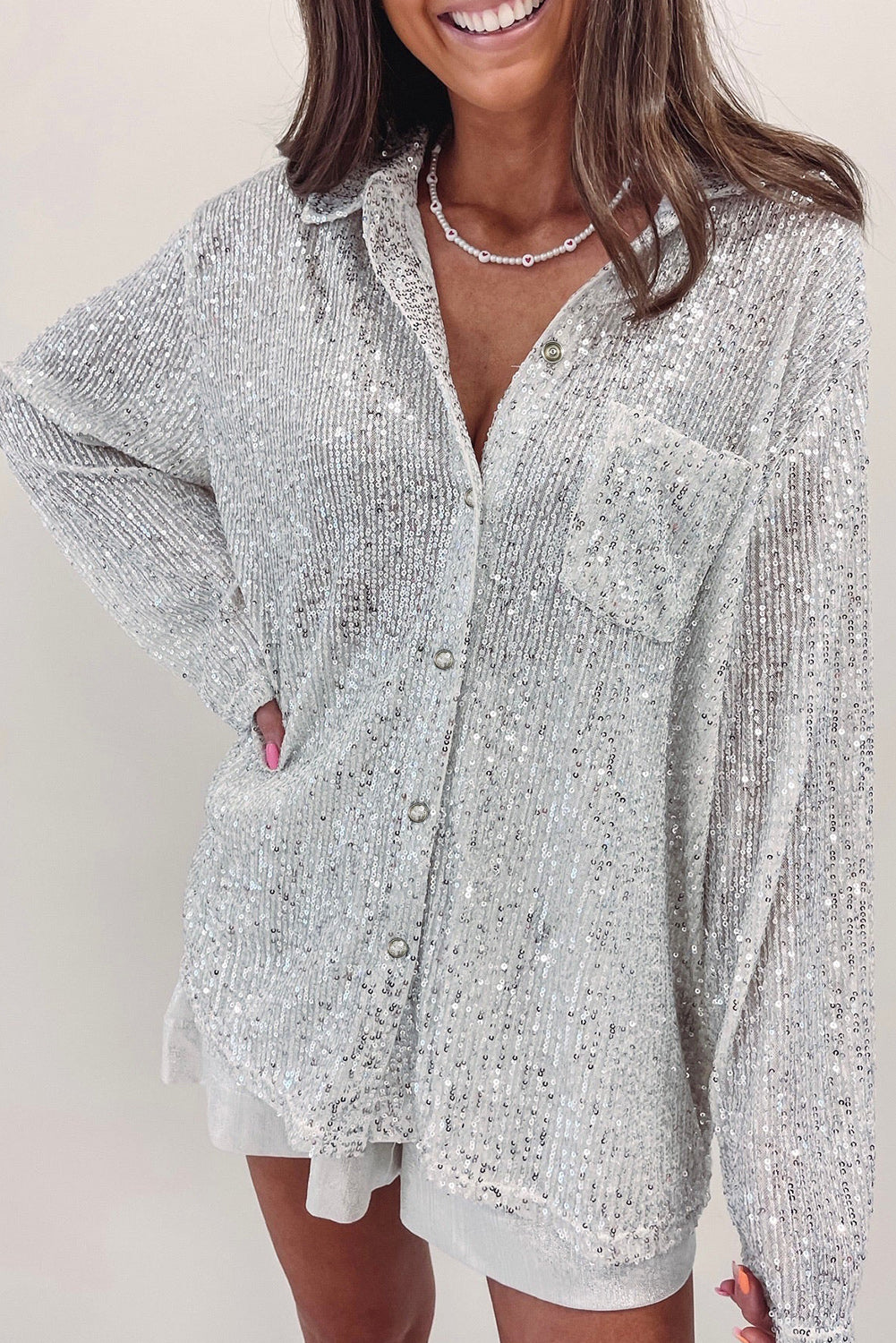 Charleston Nights Sequin Pocketed Loose Shirt