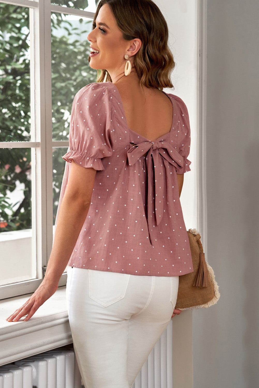 Polka Dot Square Neck Flounce Sleeve Top