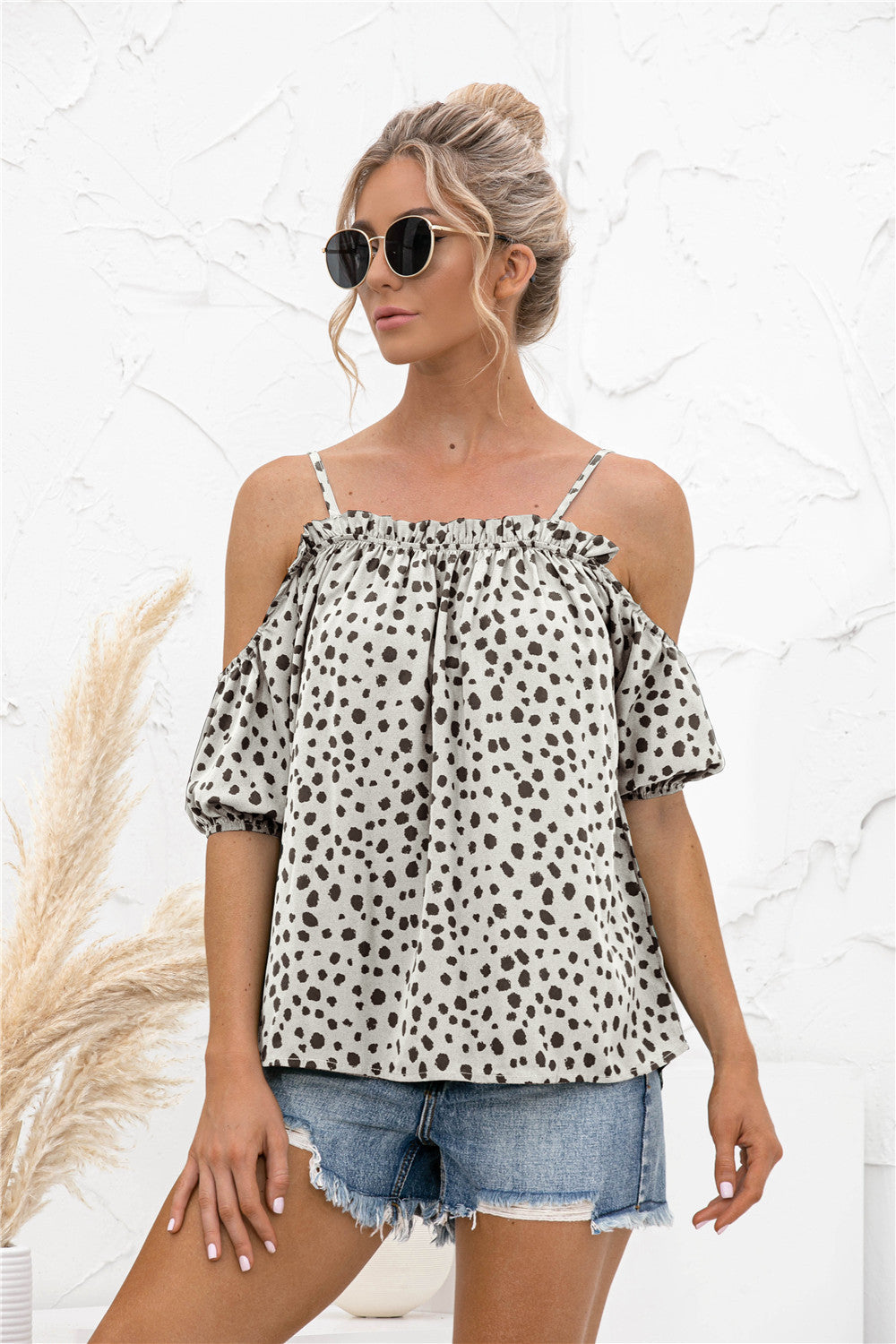 Printed Cold-Shoulder Frill Trim Blouse