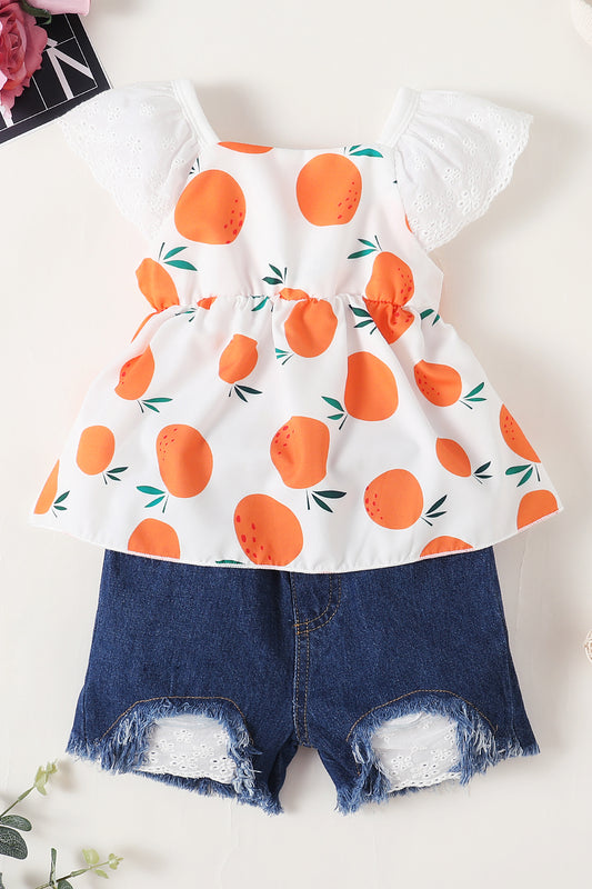 Girls Citrus Print Lace Strap Top and Denim Shorts Set