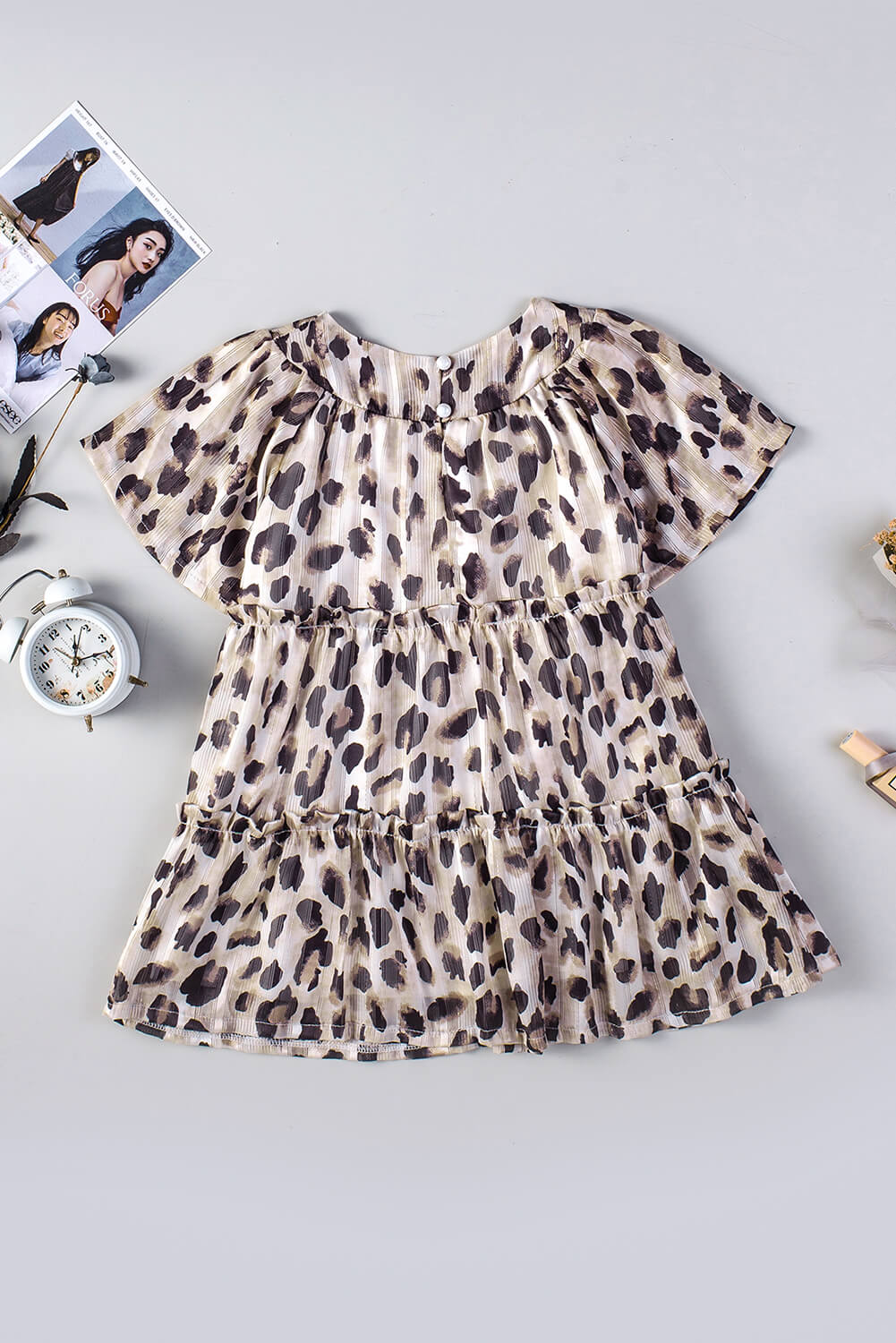 Girls Leopard Flutter Sleeve Frill Trim Dress