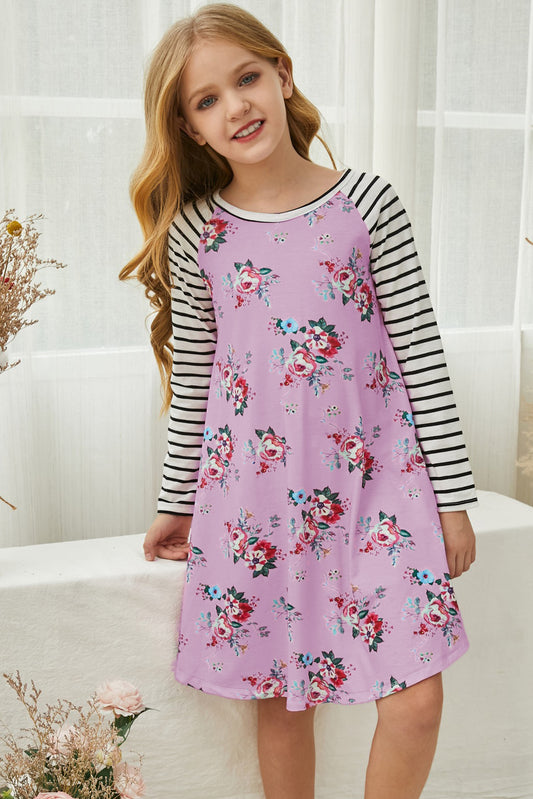 Girls Floral Striped Raglan Sleeve Dress