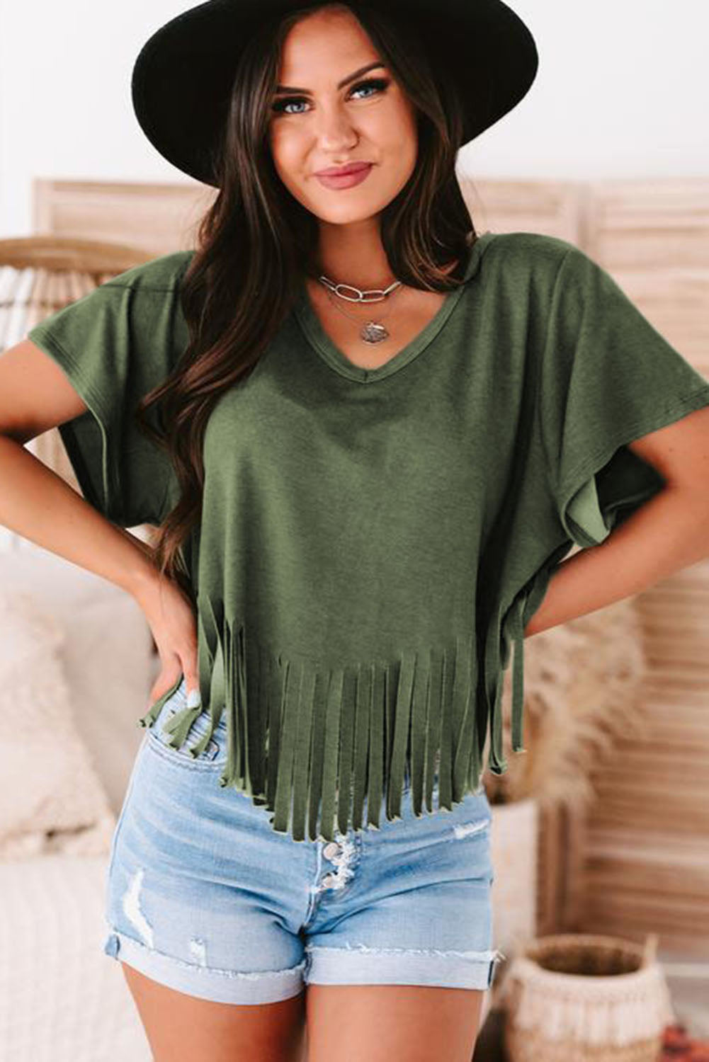 Fringe Hem V Neck T Shirt