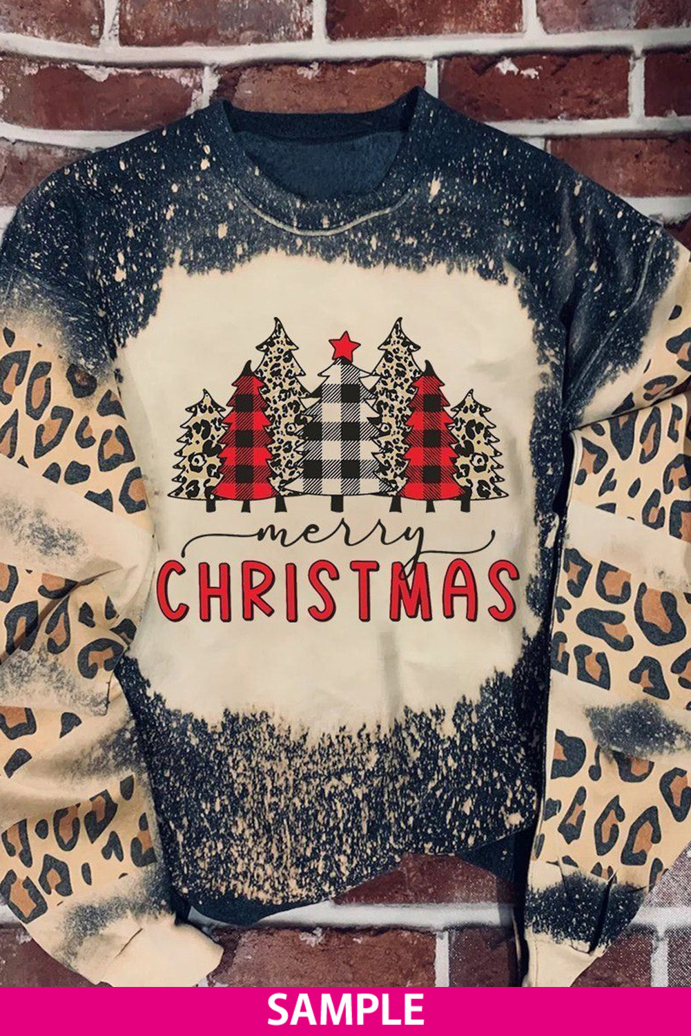 Merry Christmas Multi Tree Print Leopard Sleeve Sweatshirt