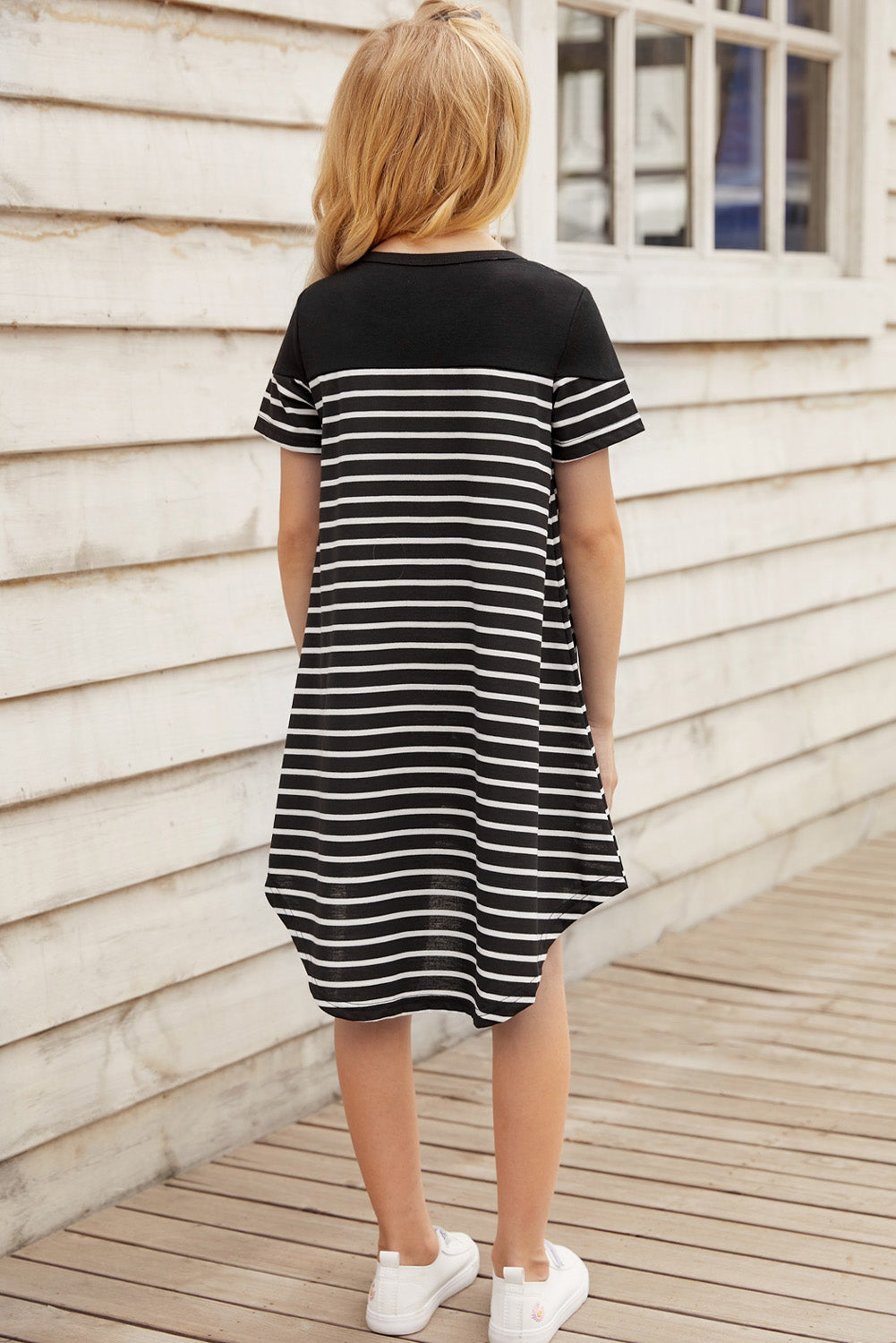 Girls Striped Contrast Round Neck T-Shirt Dress