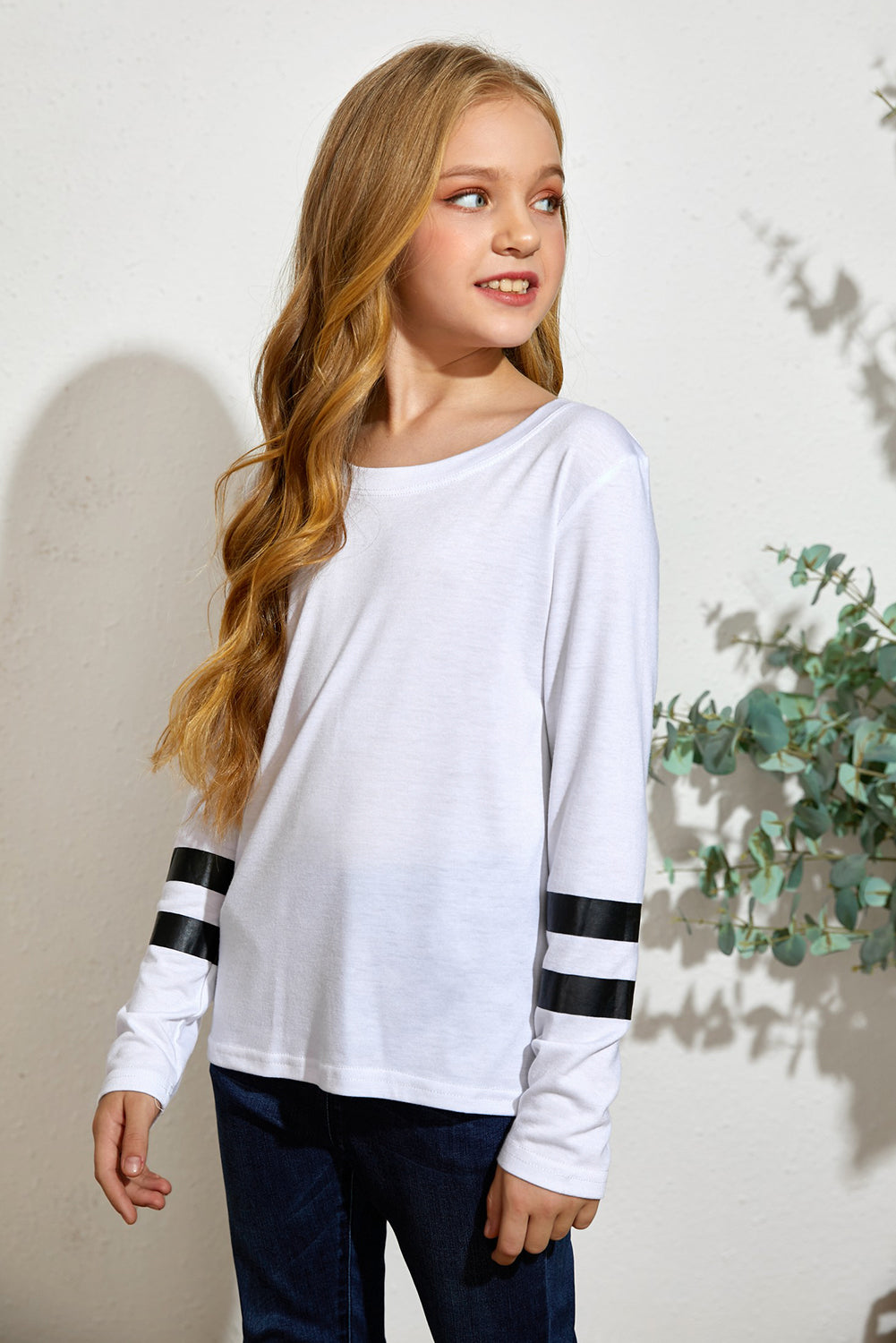 Girls Striped Round Neck Long Sleeve Top