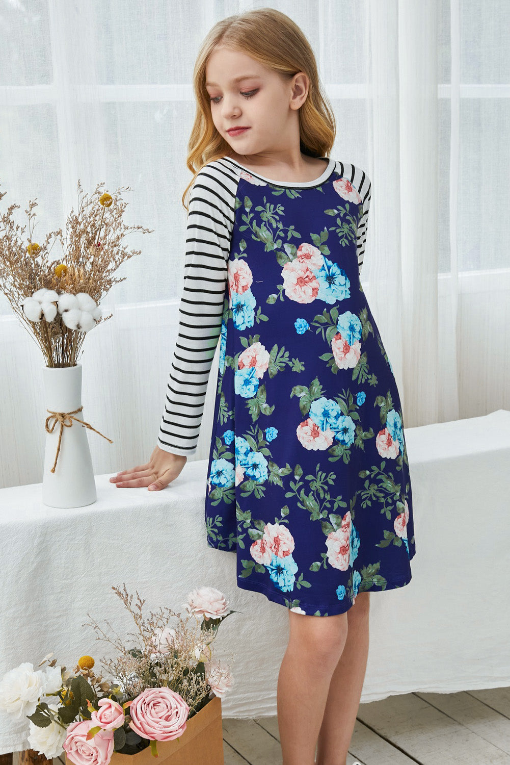 Girls Floral Striped Raglan Sleeve Dress