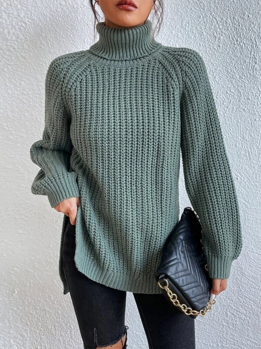 Full Size Turtleneck Rib-Knit Slit Sweater