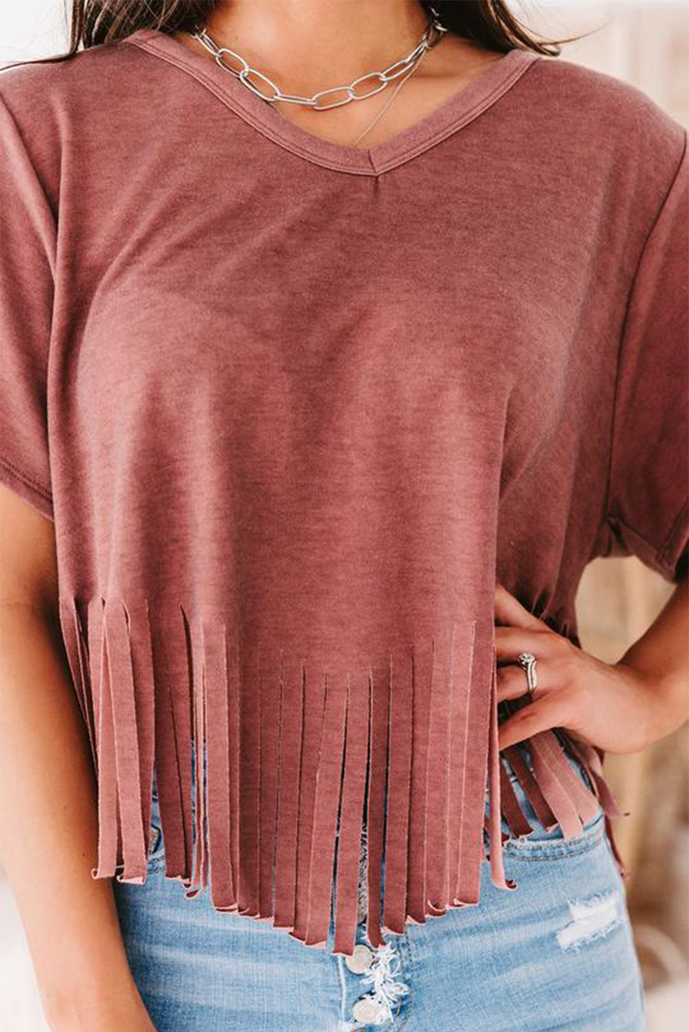 Fringe Hem V Neck T Shirt